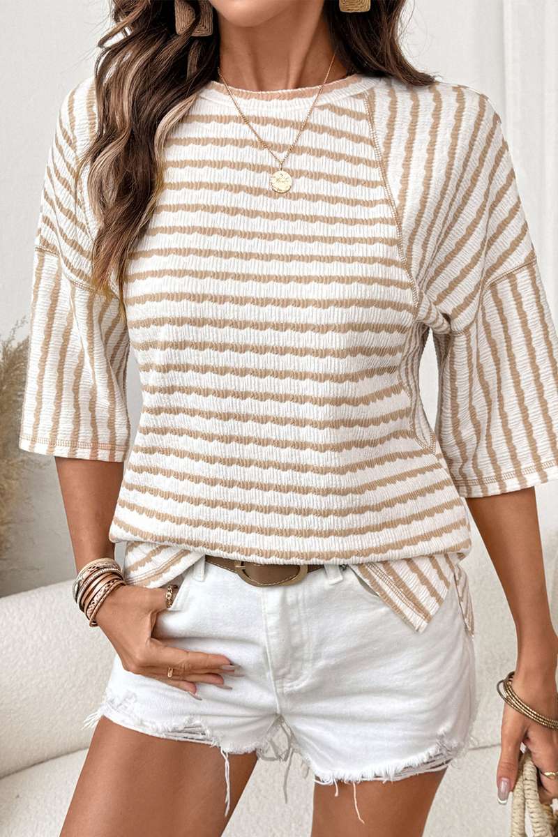 Apricot Stripe Textured Knit Split Hem Half Sleeve Loose Top