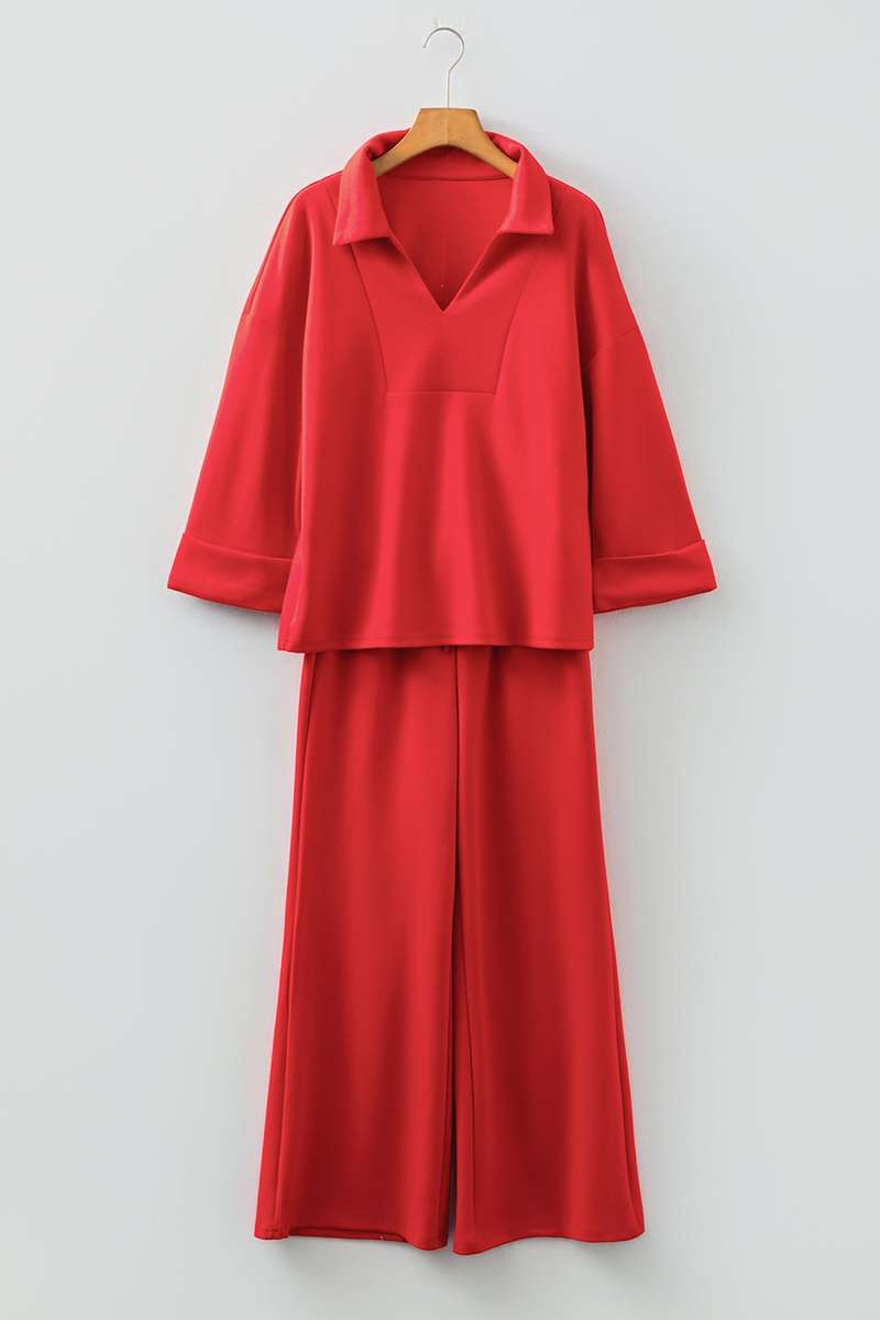 Fiery Red Polo Collar V Neck 3/4 Sleeve Pullover Drawstring Bell Bottom Pants 2pcs Set
