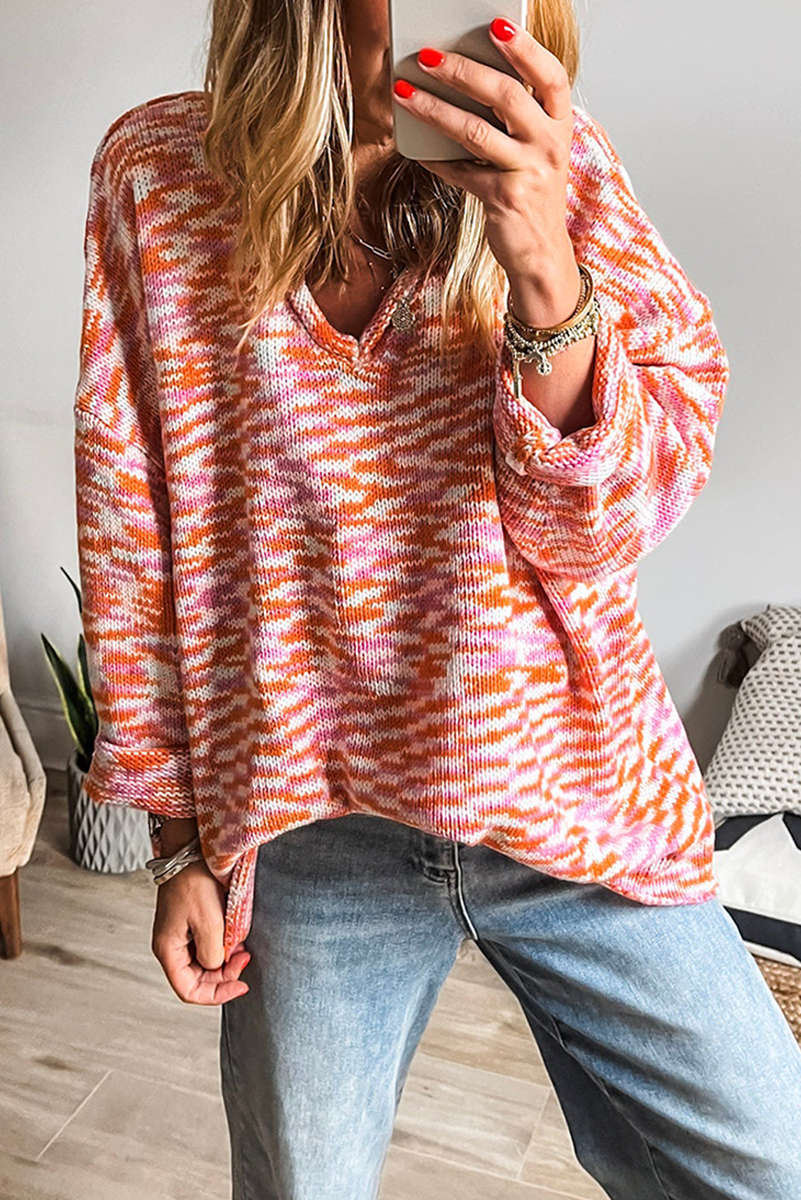 Orange Vibrant Abstract Print Drop Shoulder V Neck Tunic Oversized Sweater