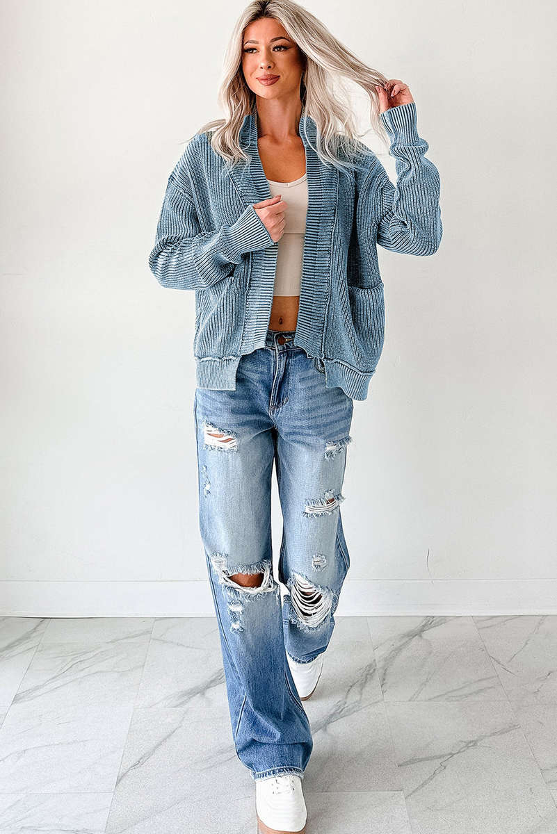 Evergreen Mineral Wash Exposed Seam Patchwork Knit Open Sweater Cardigan
