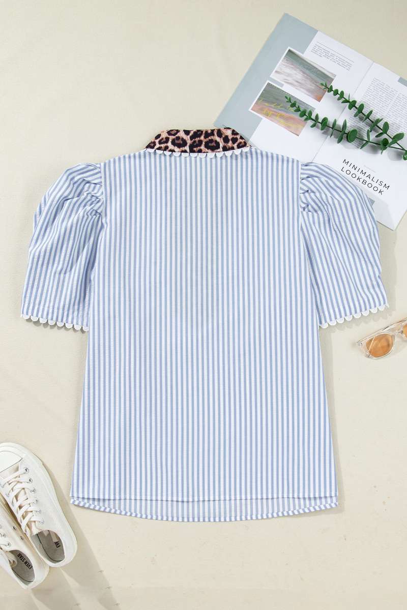 Sky Blue Stripe Plus Size Leopard Patchwork Collar Short Bubble Sleeve Blouse