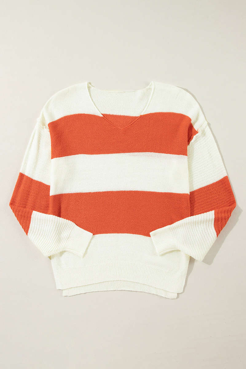 Orange Stripe Loose Color Block Drop Shoulder Bubble Sleeve Sweater