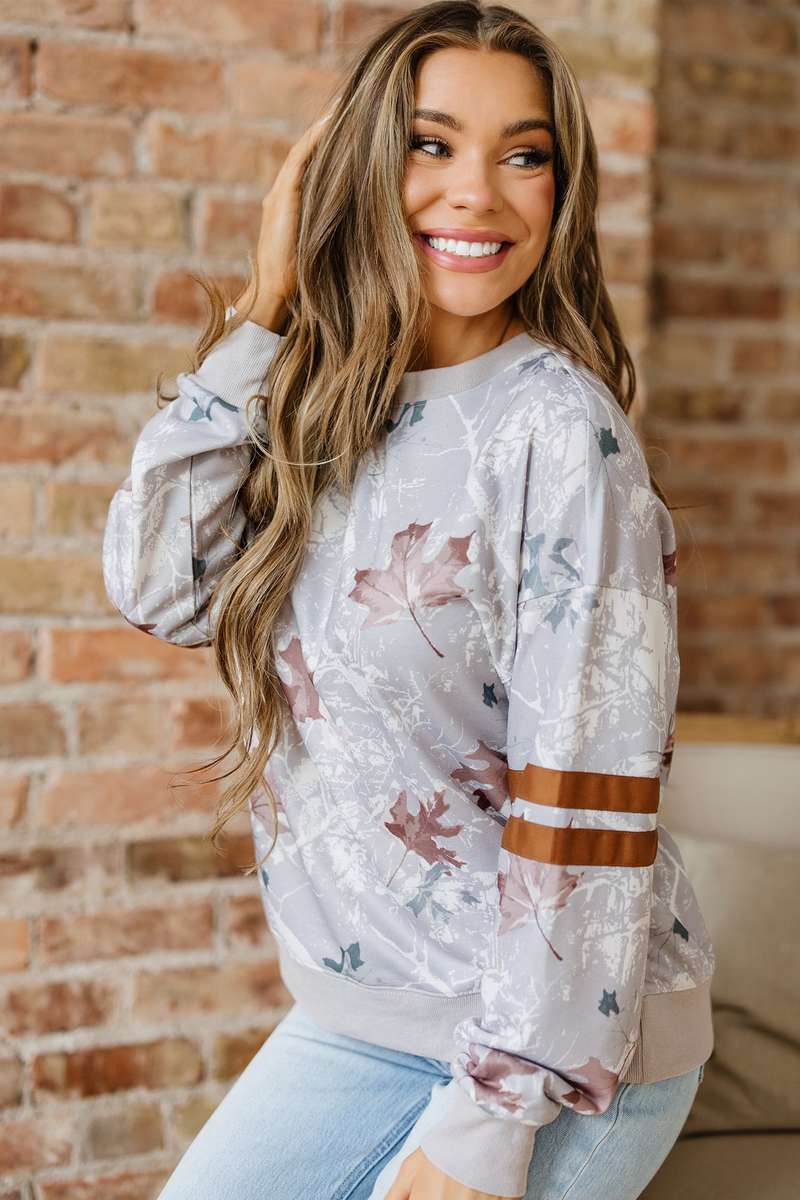 Gray Maple Leaf Camo Print Varsity Striped Sleeve Casual Sweatshirt
