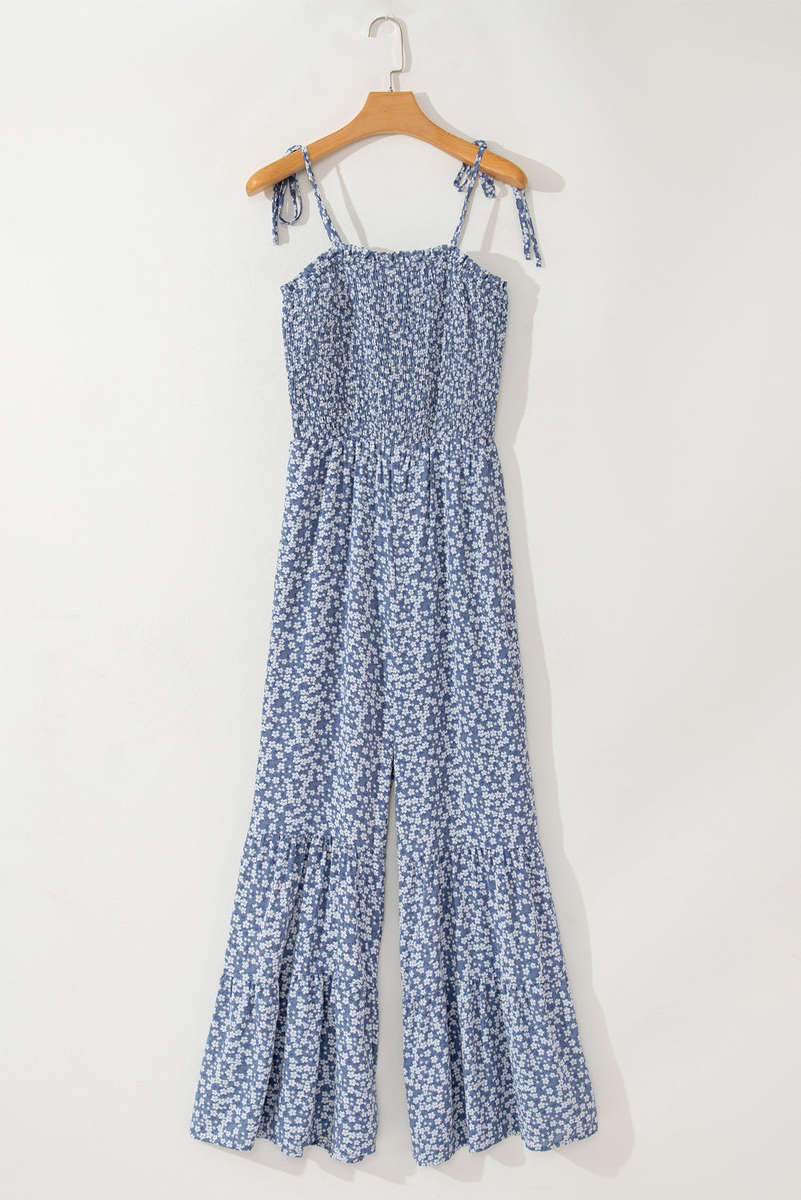 Dusk Blue Thin Straps Smocked Bodice Wide Leg Floral Jumpsuit