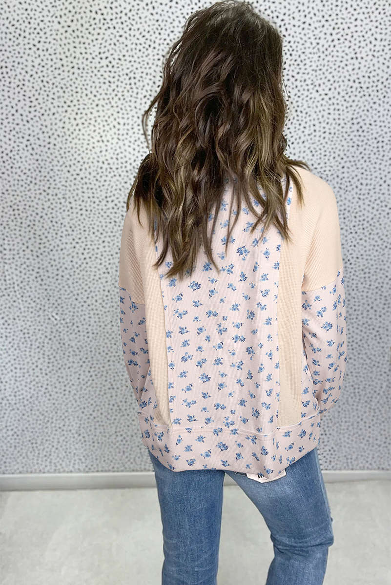 Beige Waffle Knit Floral Color Block Patchwork Balloon Sleeves Oversized Top