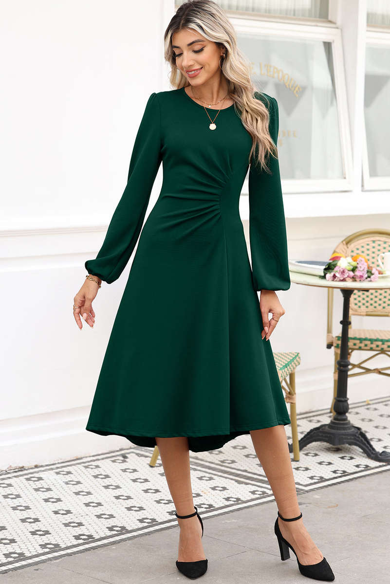 Blackish Green Solid Color Ruched Detail Long Sleeve Midi Dress