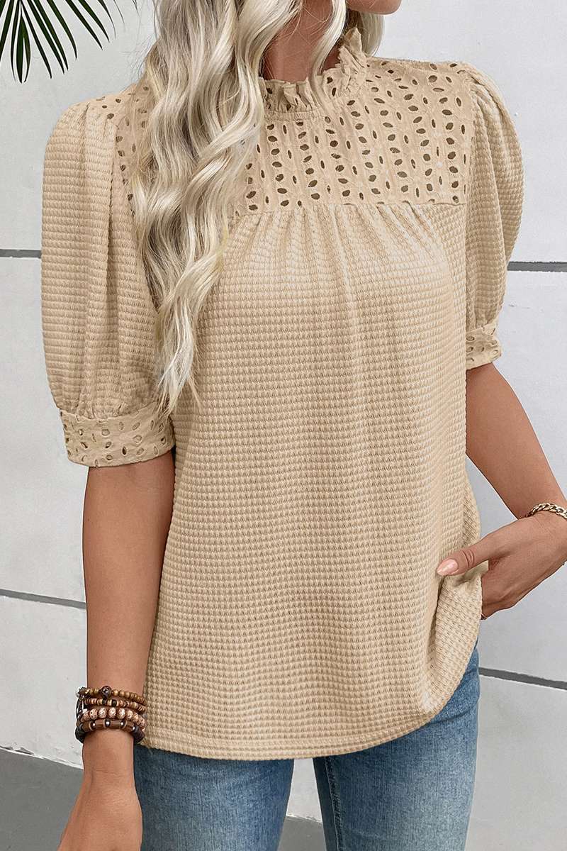 Parchment Textured Knit Eyelet Embroidered Patchwork Ruffled Neck Short Sleeve Blouse