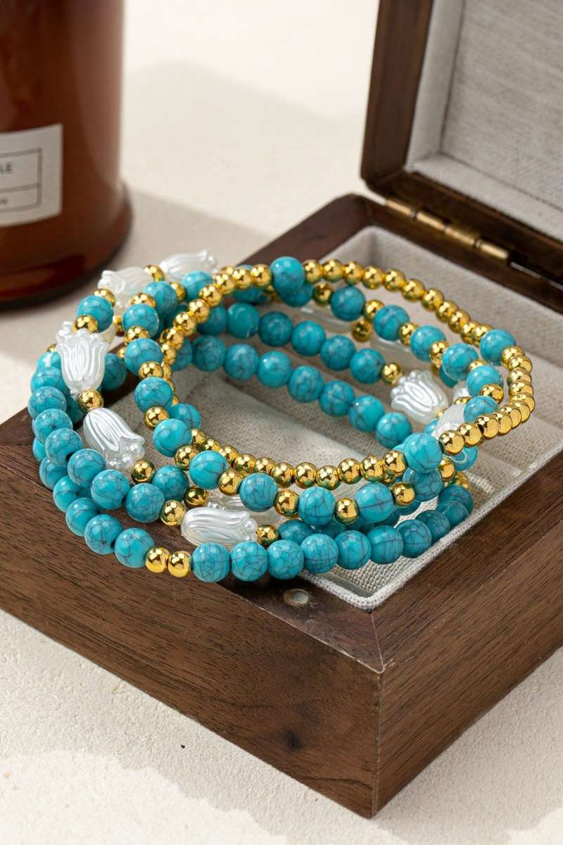 Turquoise Mixed Golden Beads Pearlish Detail 5pcs Bracelet Set