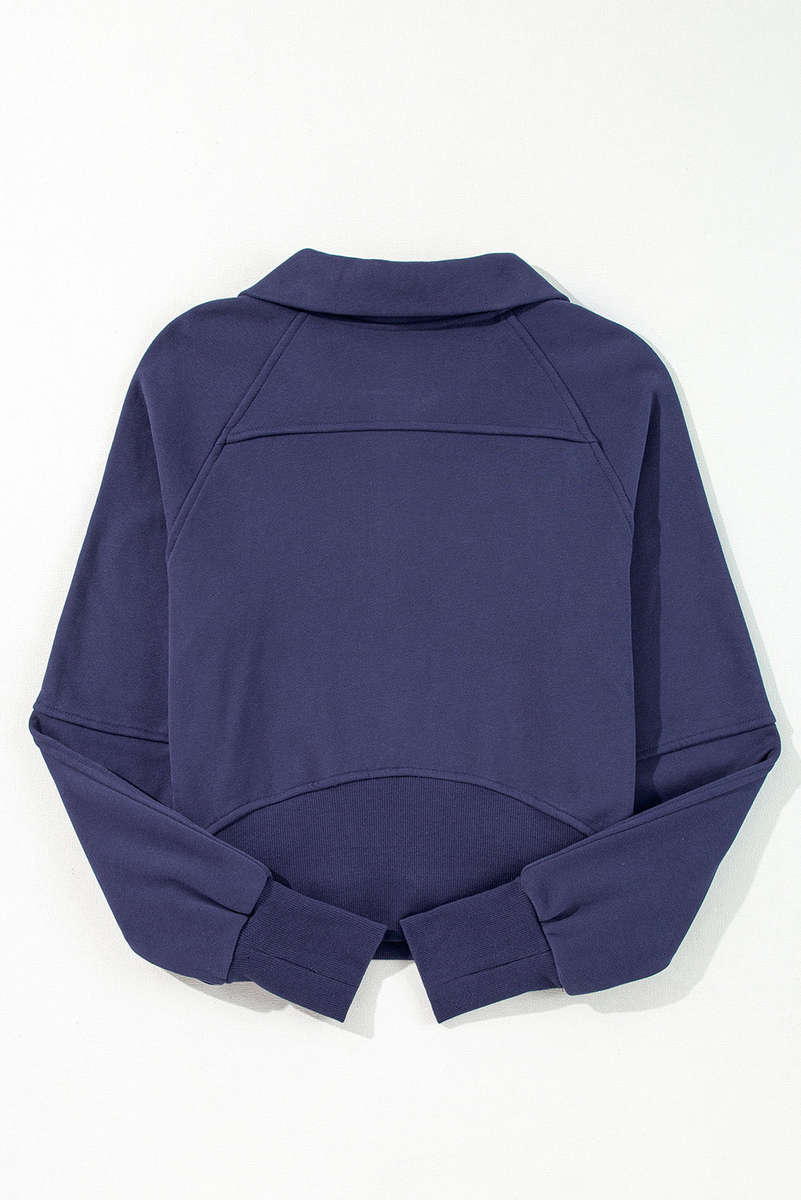 Navy Blue Fleece Lined Zip Up Stand Collar Thumbhole Sleeve Sweatshirt