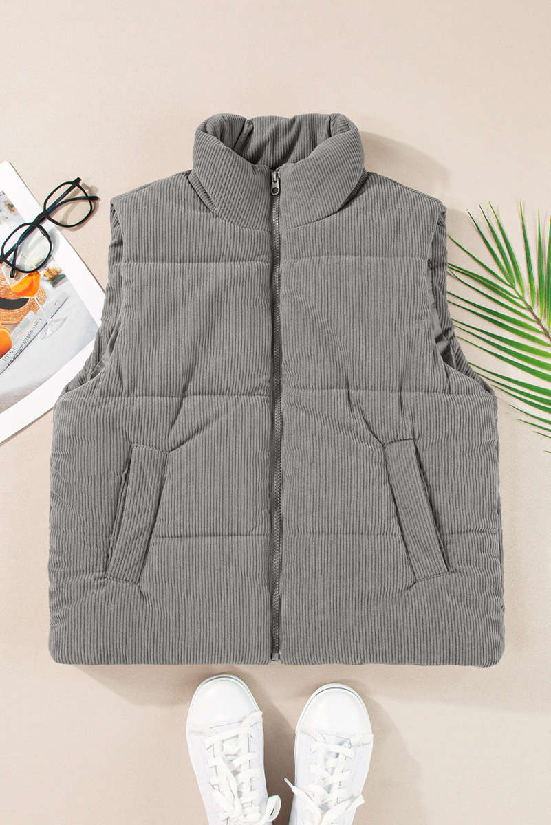 Gray Corduroy Stand Neck Zipped Puffer Vest