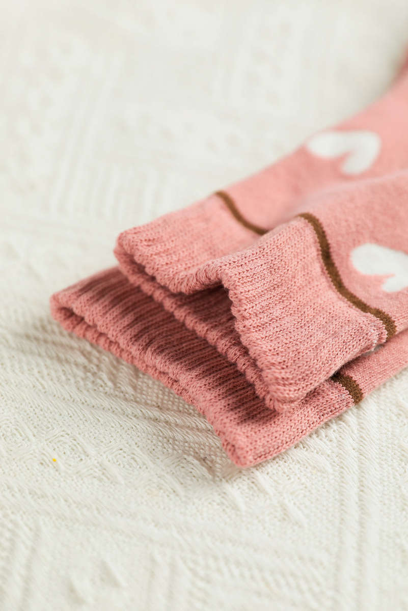 Pink Contrast Heart Print Ribbed Cuff Womens Crew Socks