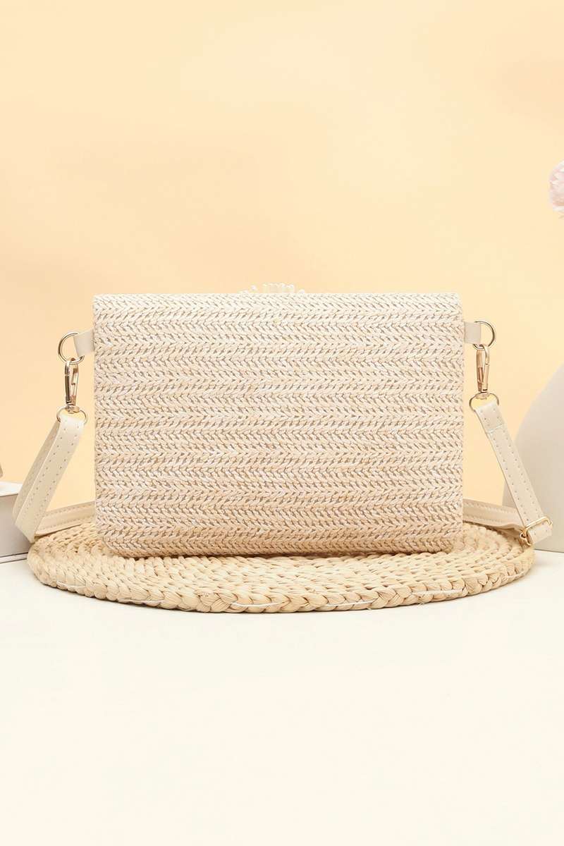 White Daisy Flower Straw Woven Zip Folded Magnetic Button Shoulder Bag
