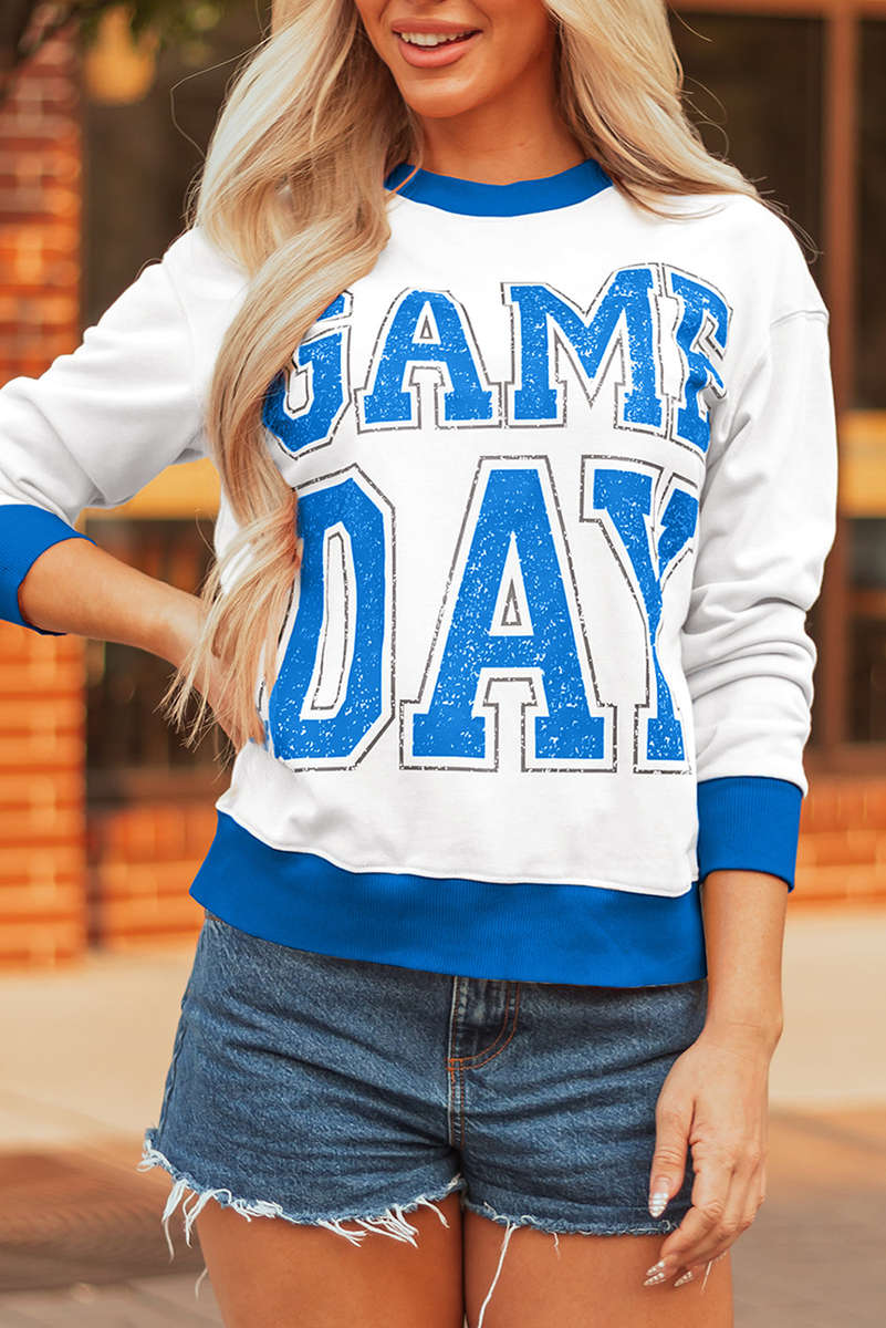 White GAME DAY Letter Graphic Varsity Striped Detail Baggy Sweatshirt