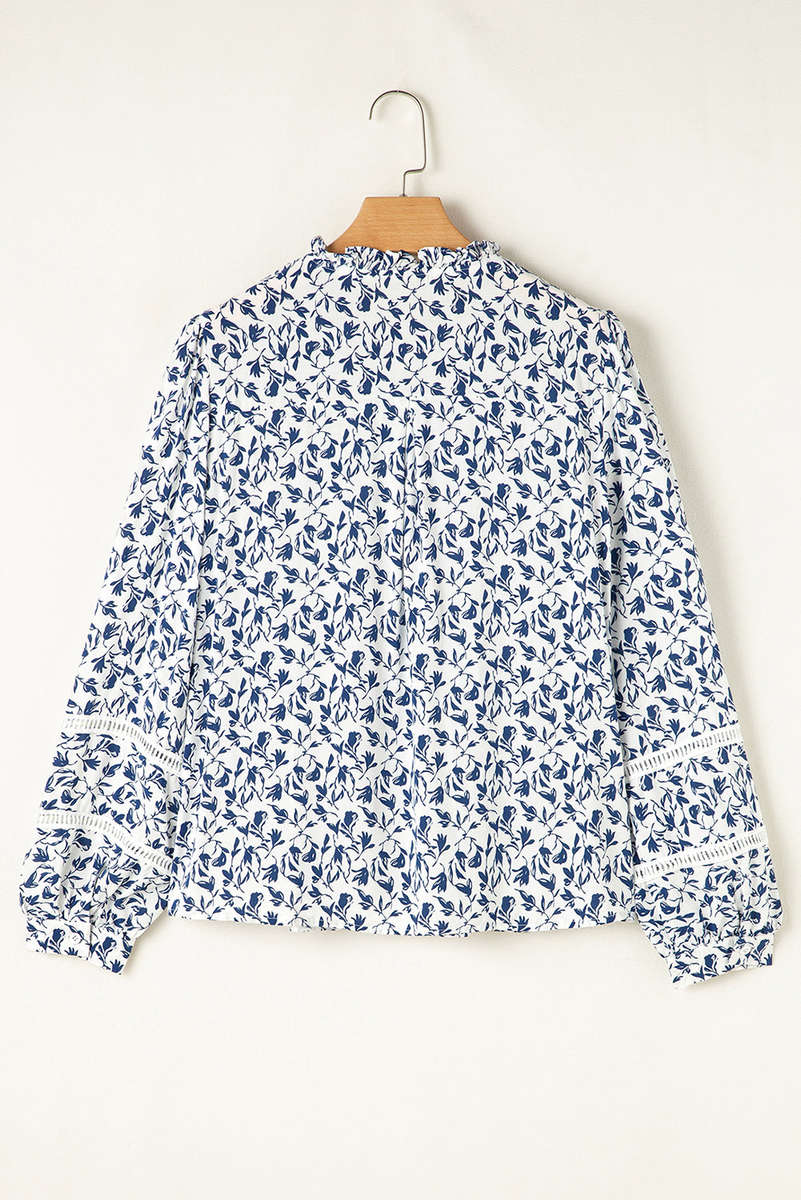 Blue Printed Lace Detail Floral Puff Sleeve Fall Shirt