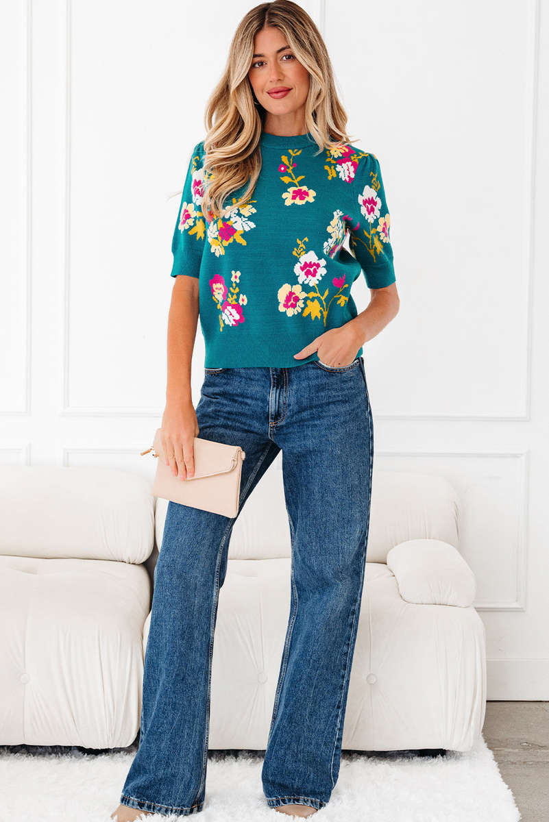 Blue Flower Pattern Mock Neck Short Sleeve Knitted T Shirt