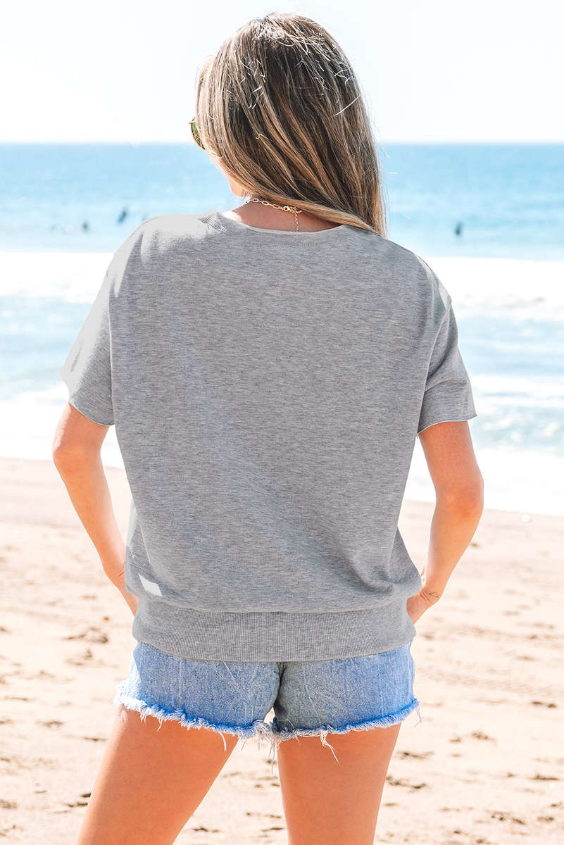 Light Grey USA Lettering Patch Notched Neck Loose Tee