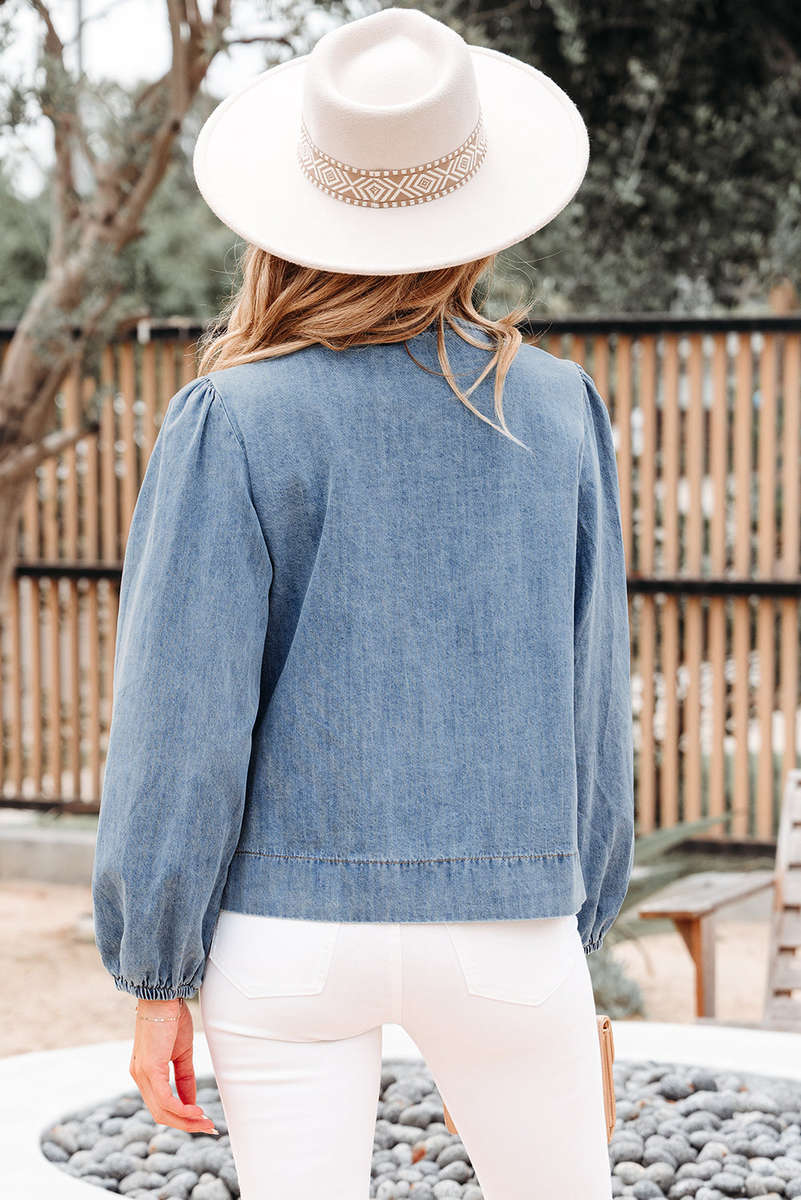 Dusk Blue Tied Front Long Puff Sleeve Denim Top