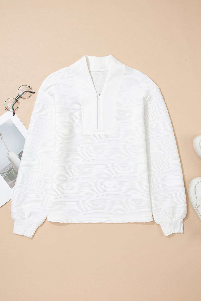 White Solid Color Textured Zip V Neck Pullover Sweatshirt