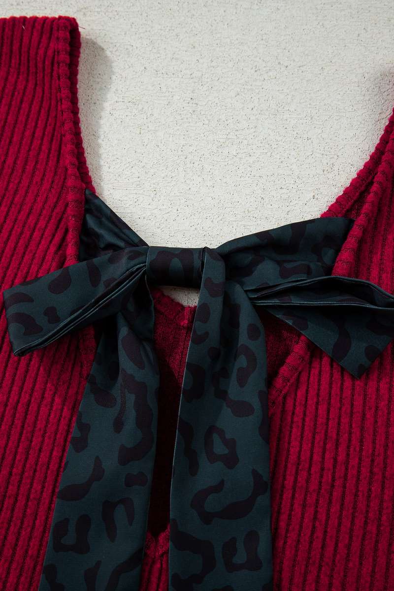 Racing Red Ribbed V Neck Contrast Ribbon Bow Back Drop Shoulder Long Sleeve Top