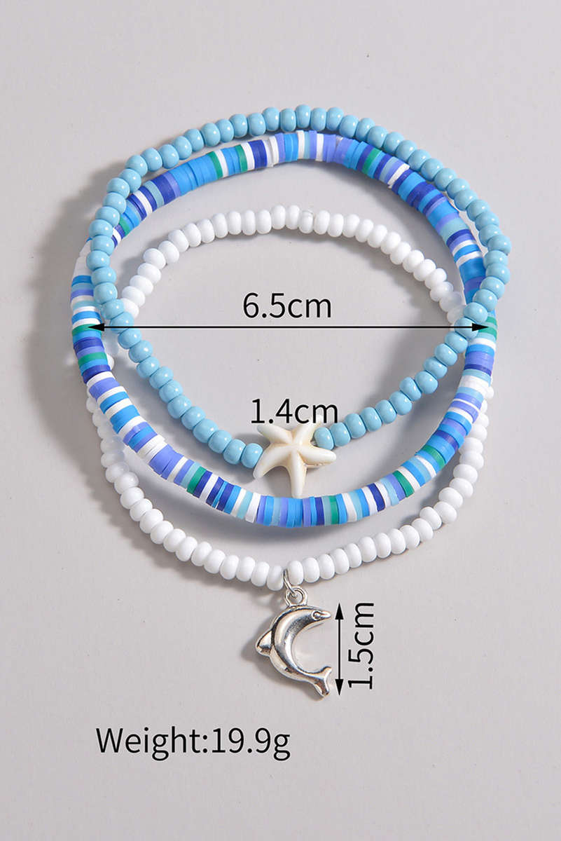 Light Blue Dolphin Starfish Decor Beaded Three Layer Anklet