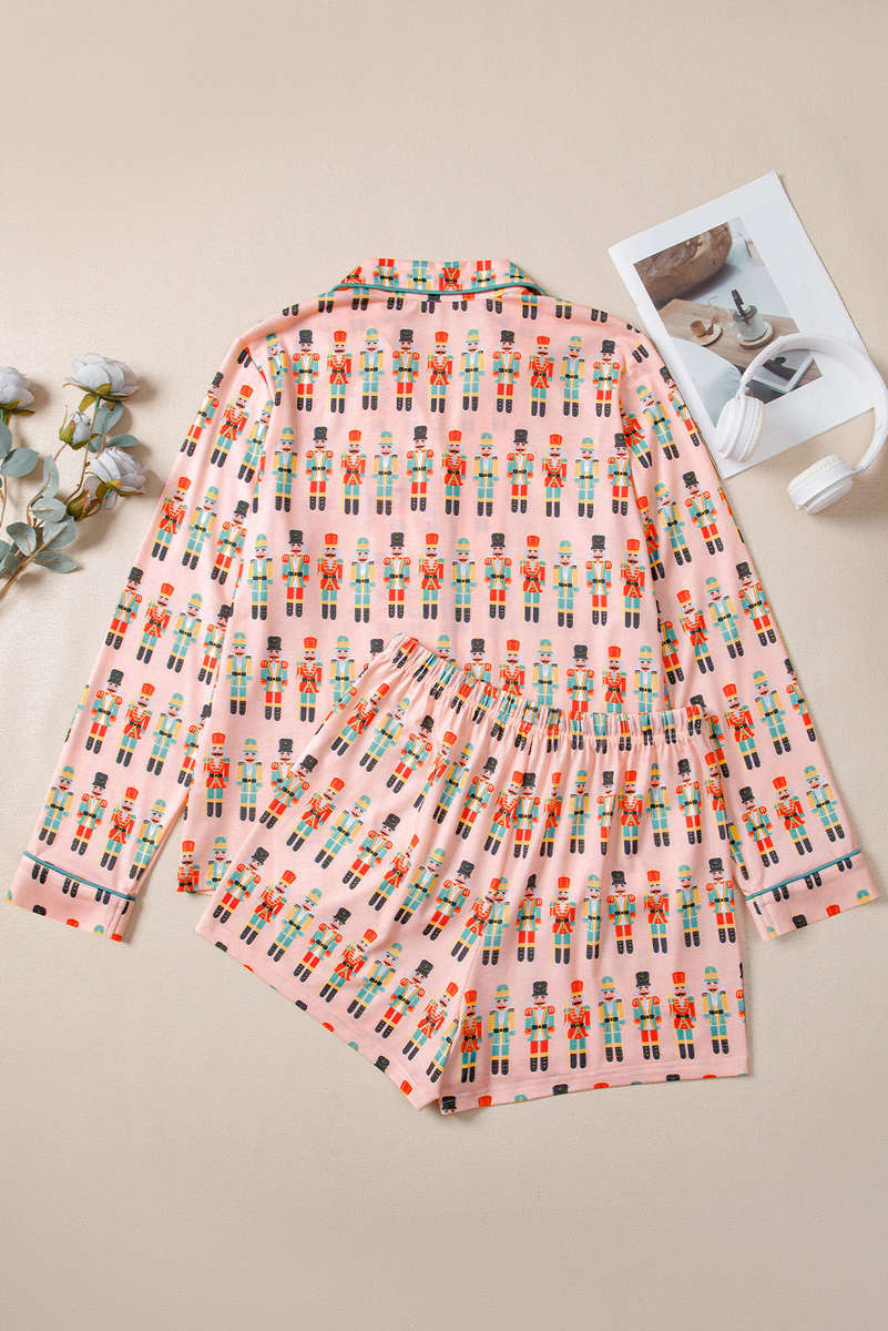 Pink Nutcracker March Long Sleeve Button Up 2pcs Pajama Short Set