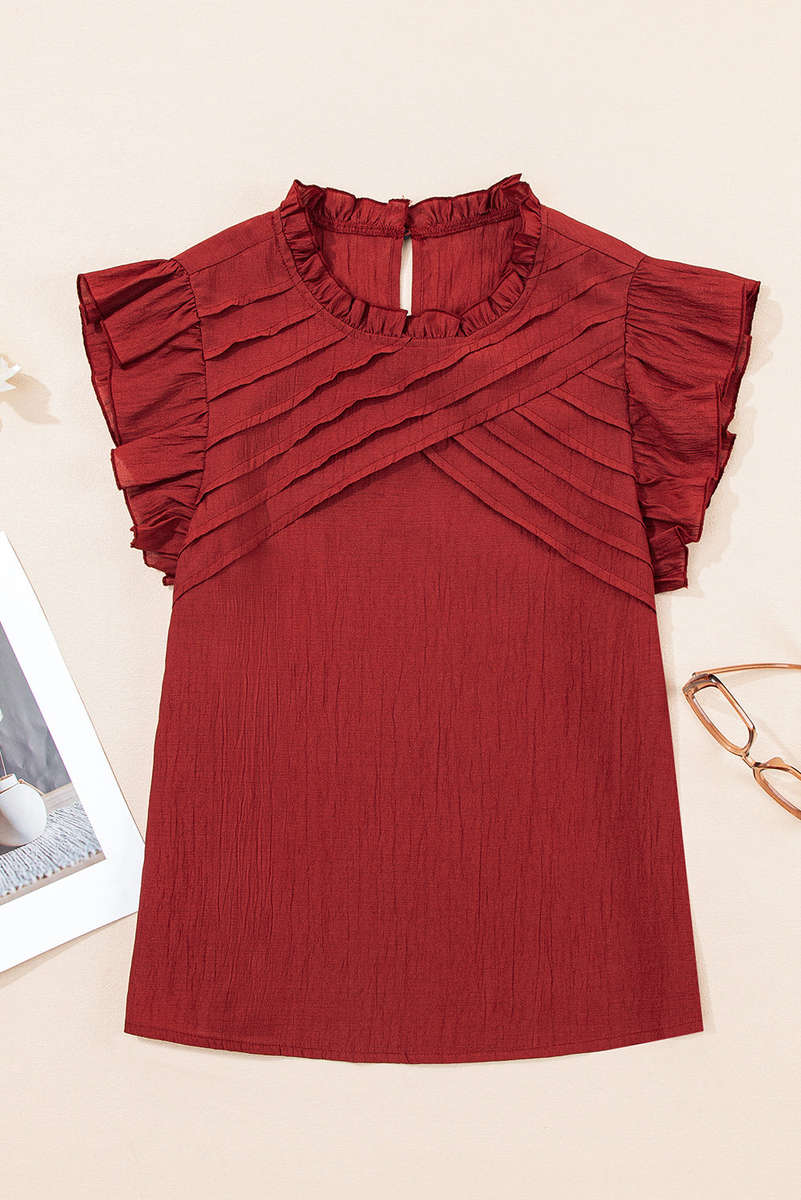 Red Dahlia Solid Color Pleated Detail Ruffle Short Sleeve Blouse
