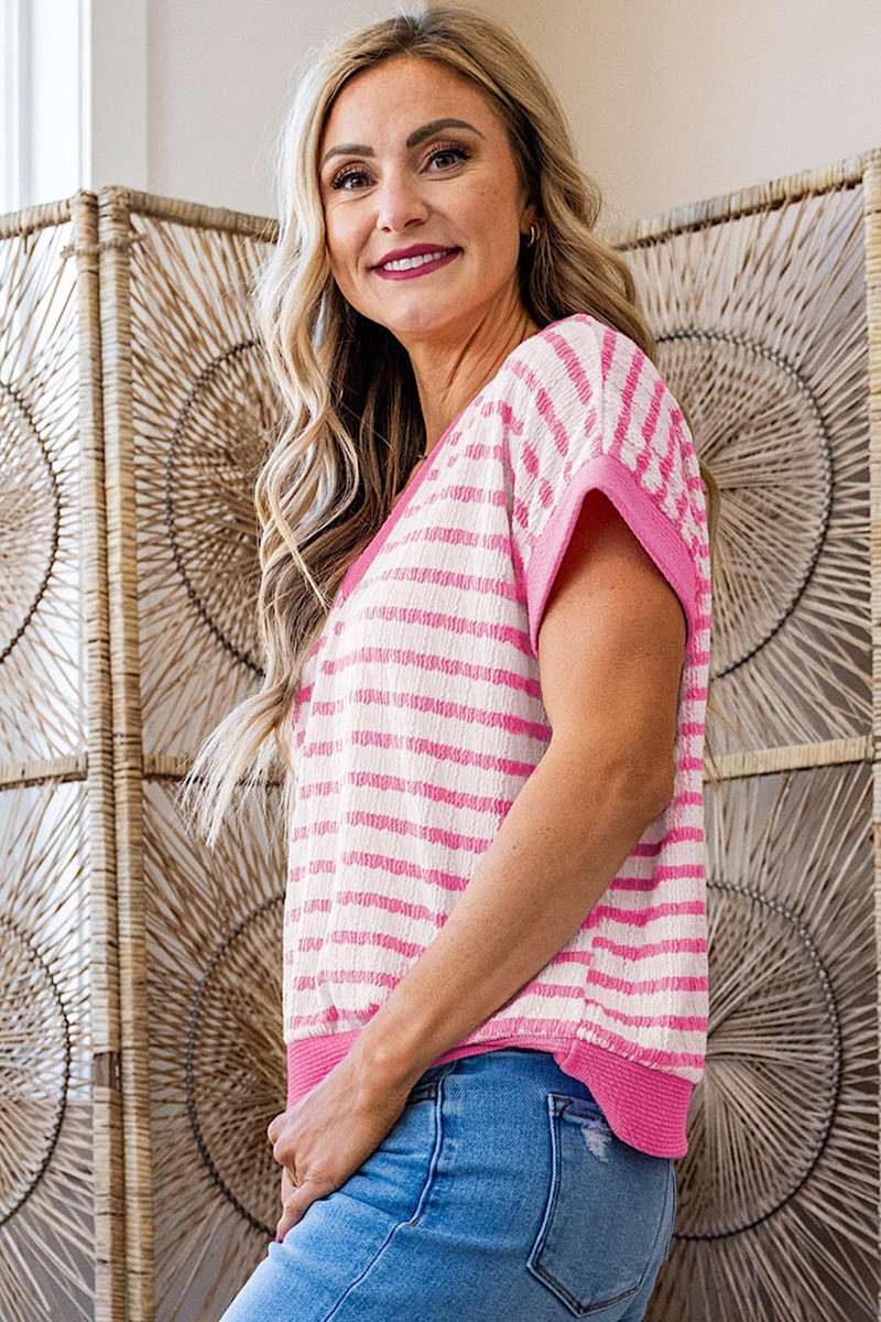 Pink Stripe Textured Knit Contrast Trim V Neck Short Sleeve Top