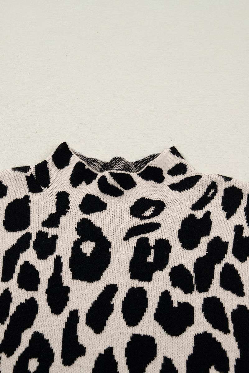 Black Leopard Print High Neck Short Sleeve Sweater