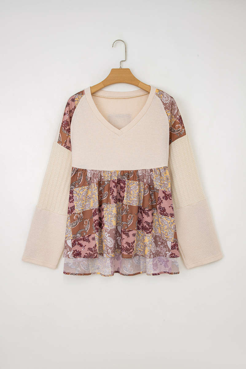 Beige Paisley Ethnic Print Contrast Patchwork Long Sleeve Loose Top