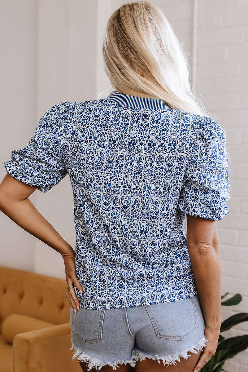 Blue Floral Striped Print Contrast Ric-rac Puff Sleeve Top