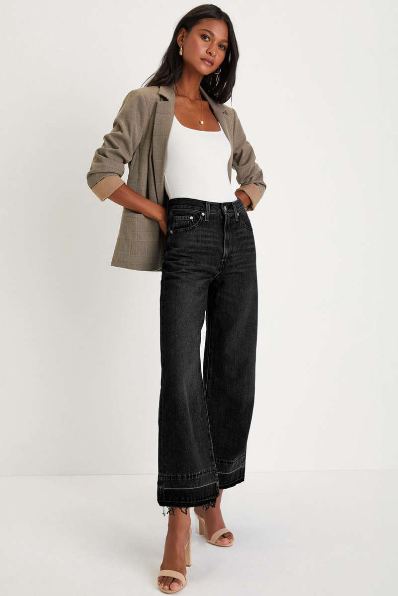 Black Raw Hem Straight Leg Loose High Waist Jeans