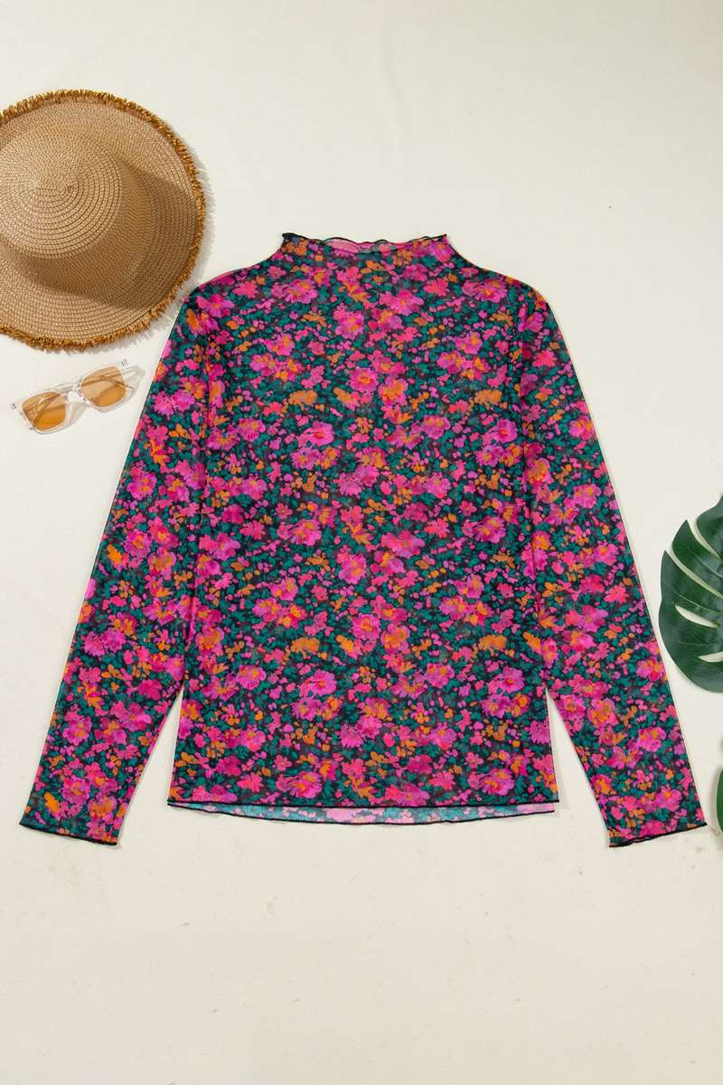 Rose Plus Size Vintage Floral Print Mesh Long Sleeve Top