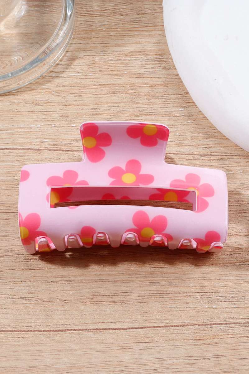 Pink Dainty Flower Printed Rectangular Hollowed Hair Claw Clip