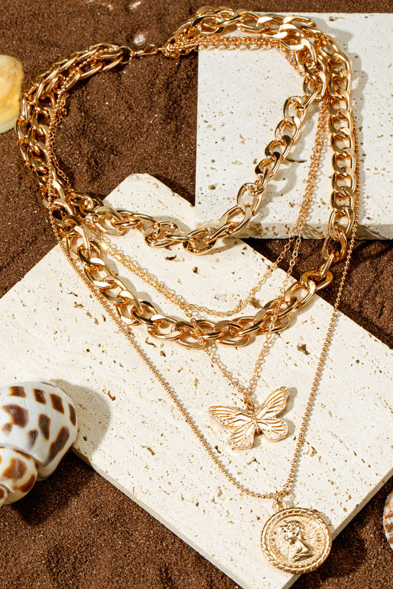 Gold Plated Alloy Multilayer Butterfly Charm Necklace