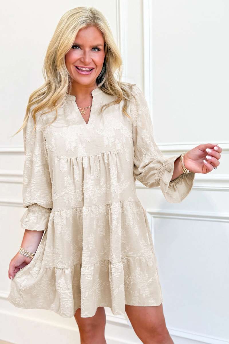 Parchment Long Sleeve Notched Neck Jacquard Tiered Mini Dress