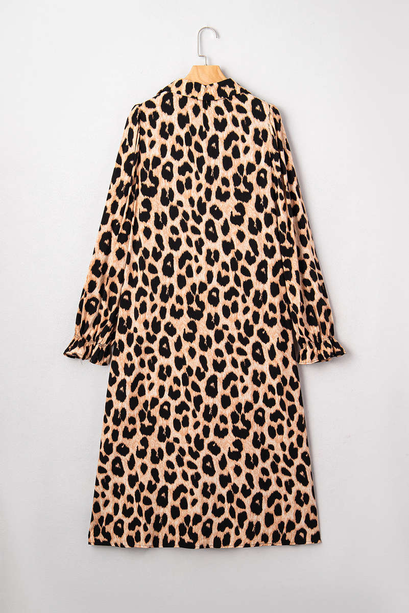 Brown Leopard Print Smocked Detail Flowy Midi Dress