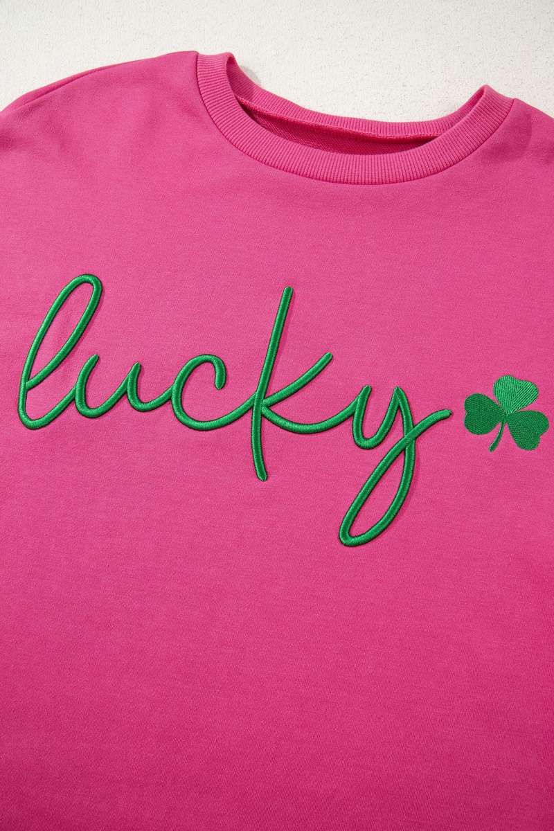 Rose Red Lucky Clover Embroidered Loose Pullover Sweatshirt