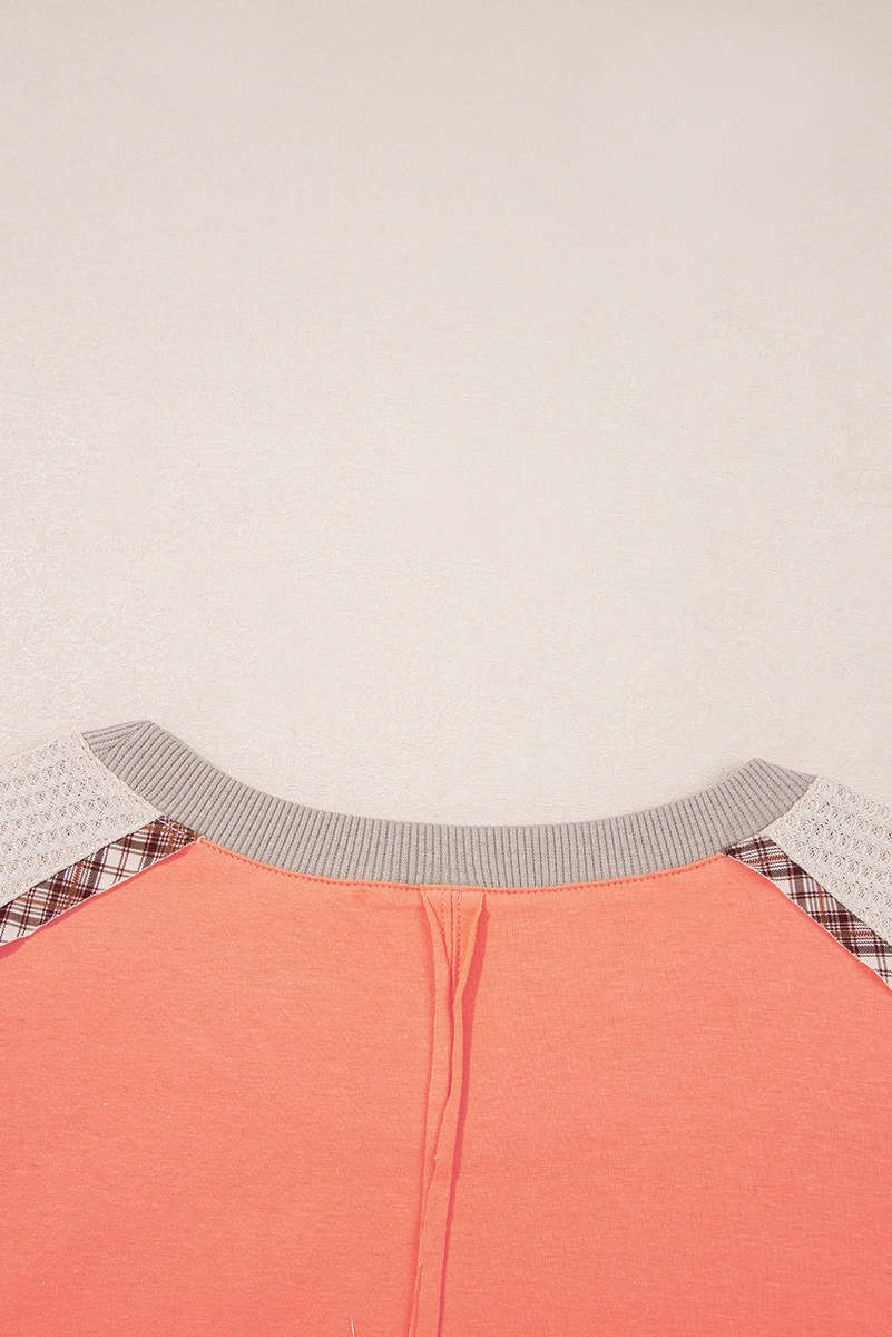 Grapefruit Orange Plaid Waffle Flower Patchwork Bracelet Sleeve Top