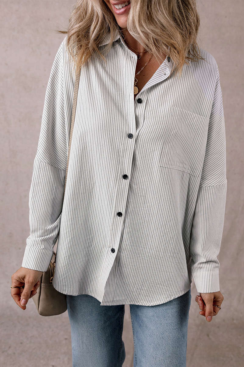 DEAR-LOVER Stripe Roll-tab Sleeve Pocketed Long Shirt