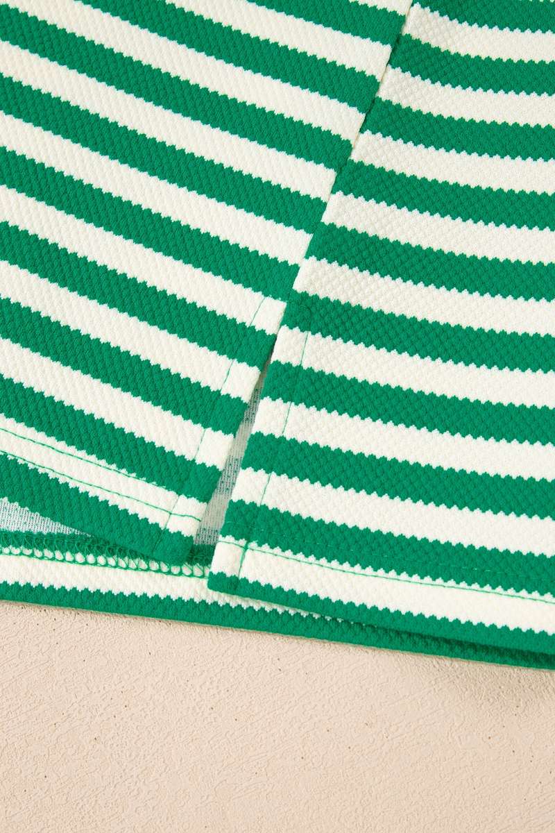 Green Stripe Puff Short Sleeve Patchwork V Neck Blouse