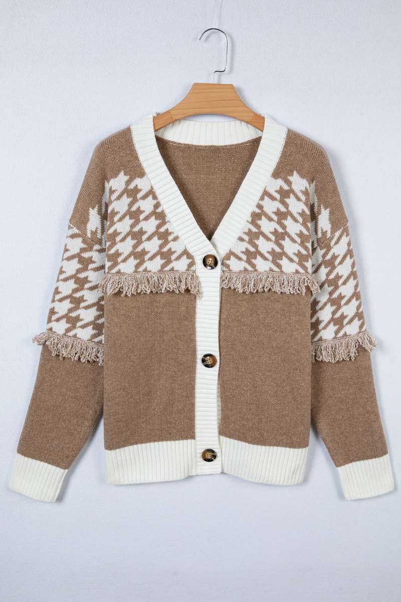 Khaki Houndstooth Color Block V Neck Raw Edge Button Front Cardigan