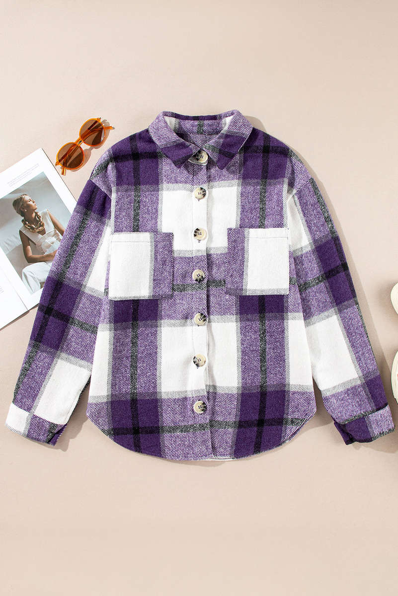 Purple Plaid Color Block Buttoned Long Sleeve Jacket with Pocket