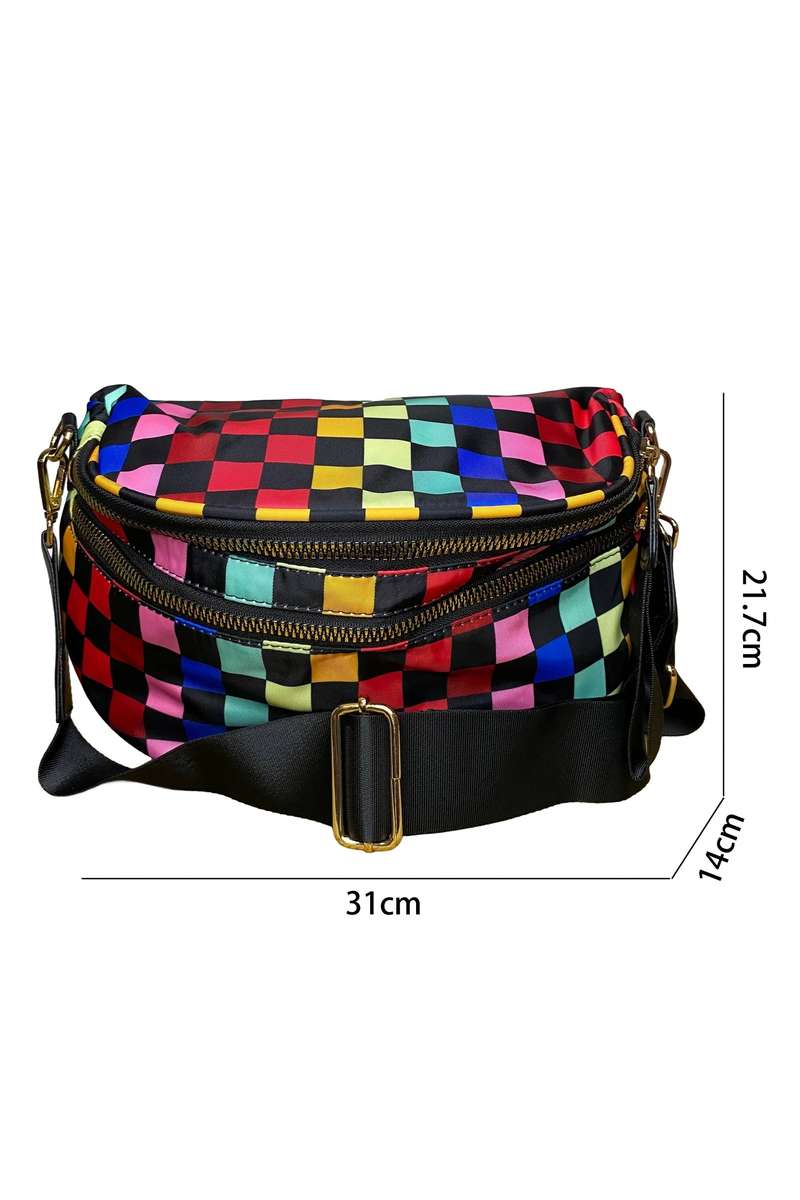 Color black Pretty Checkerboard Canvas Double Zip Crossbody Bag
