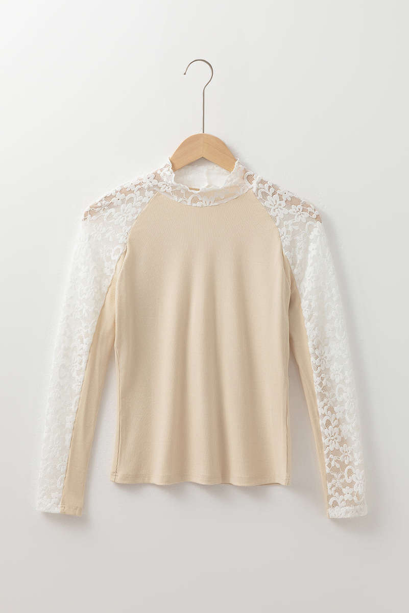 Beige Floral Lace Patchwork Long Sleeve High Neck Slim Top