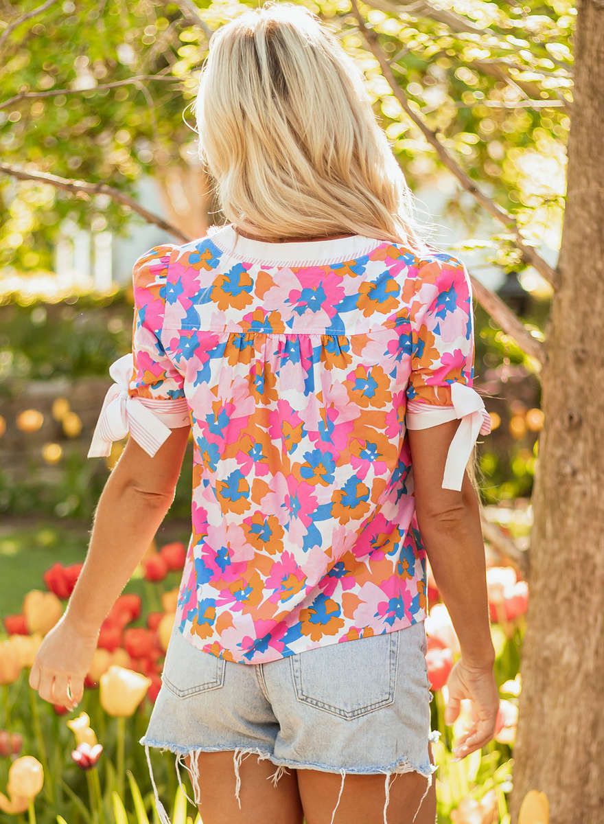 White Floral Colorblock Striped Edge V Neck Knotted Short Sleeve Blouse