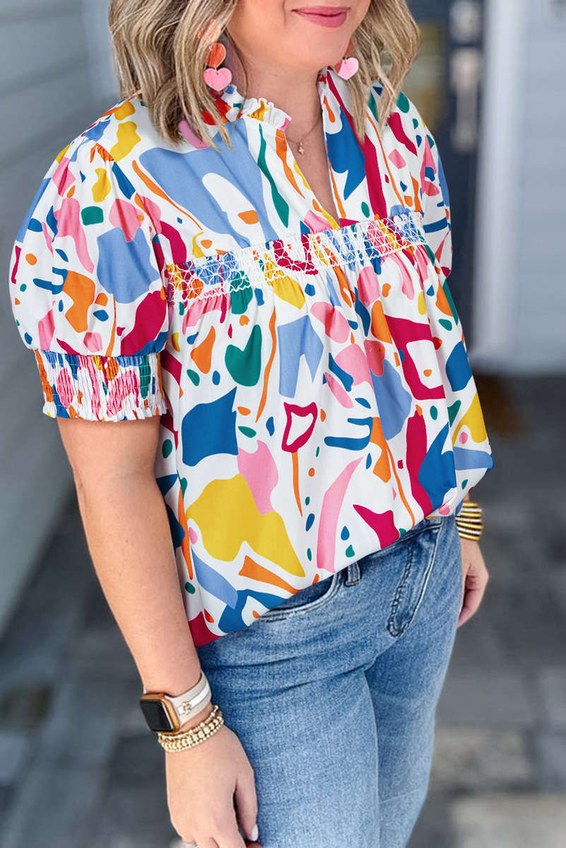 White Abstract Print Shirred Cuff Puff Sleeve Plus Size Blouse