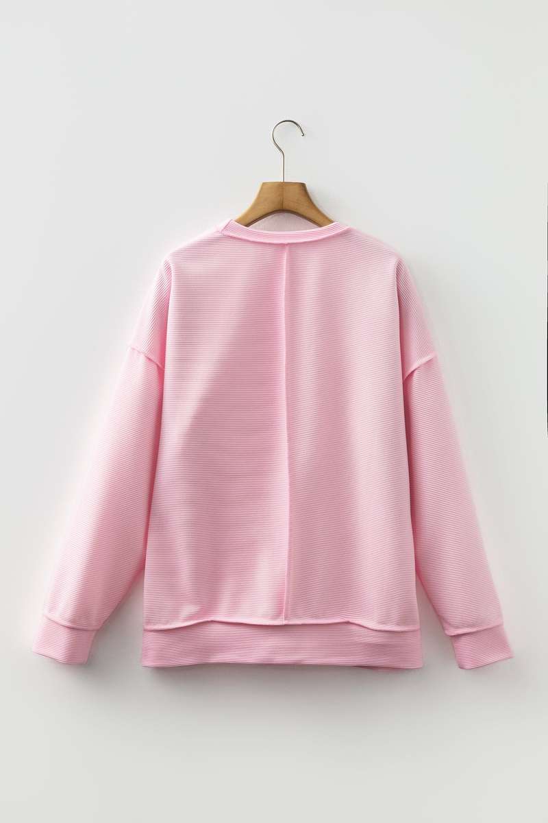 Pink Horizontal Ribbed Exposed Seam Detail Long Sleeve Top