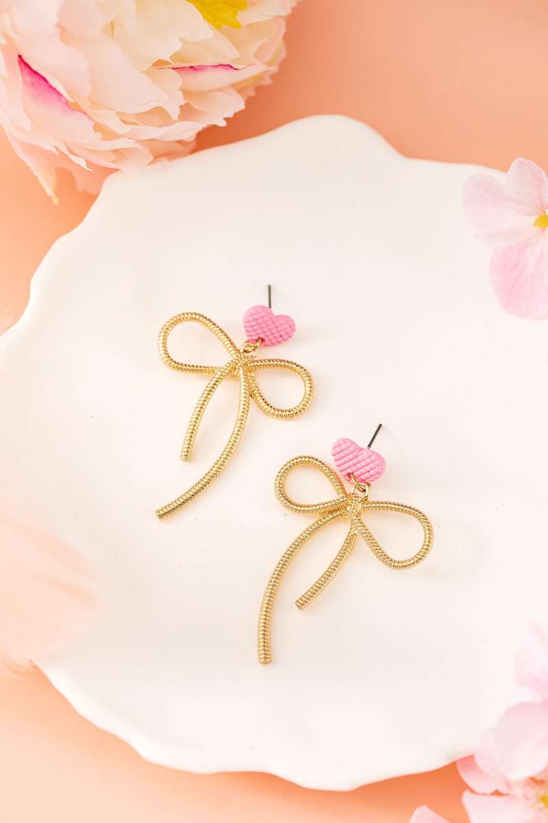 Pink Waffled Heart Stud Gold Plated Bow Dangle Earrings