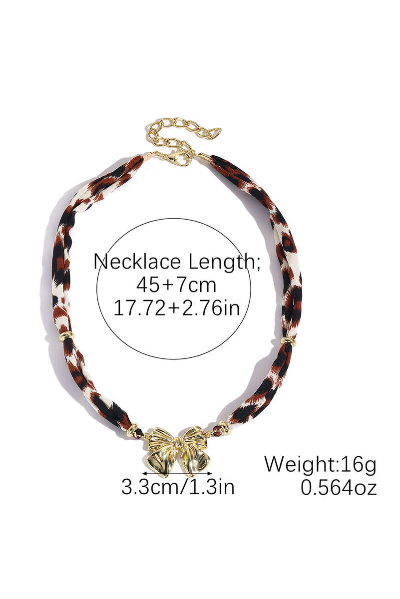 Gold Plated Bow Charm Leopard Ribbon Necklace