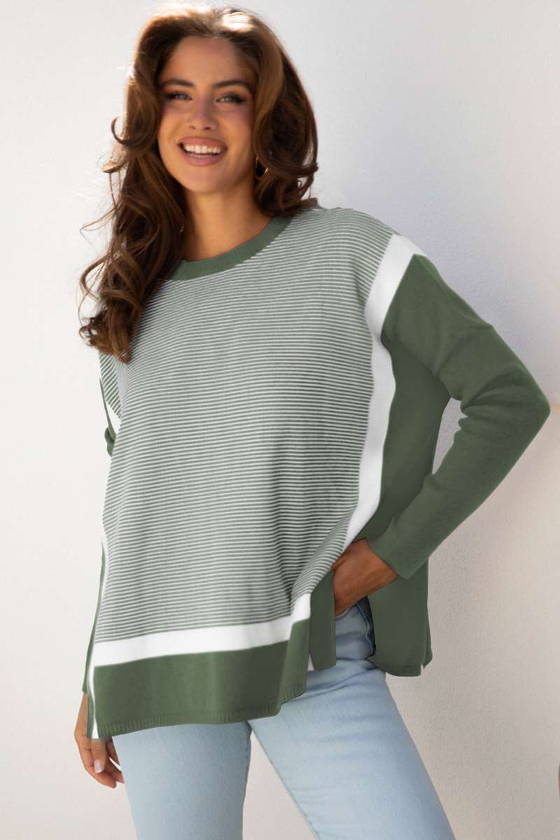 Green Stripe Color Block Patchwork Dolman Oversize Tunic Sweater